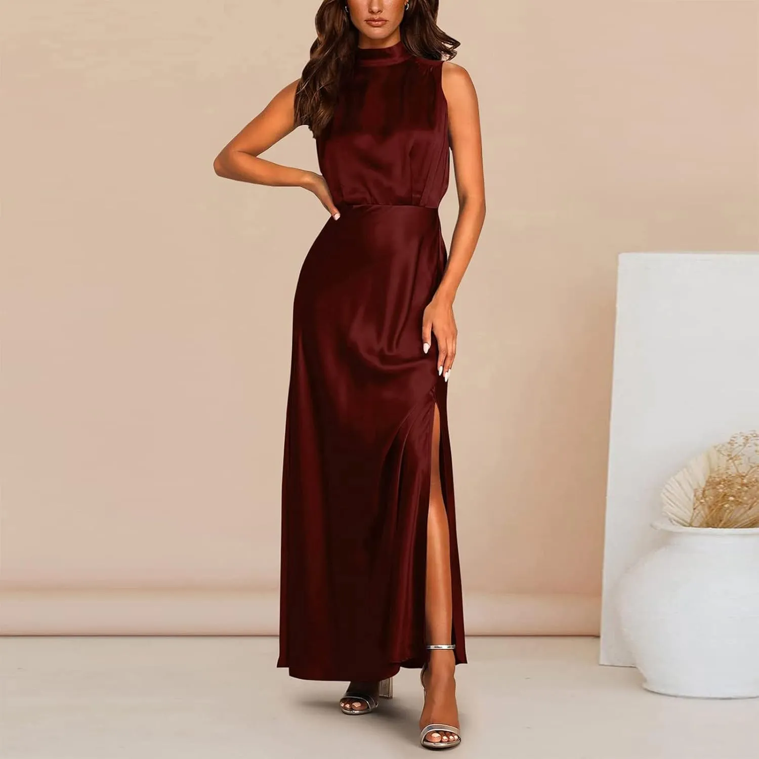 2025 Women Summer Elegant Sleeveless Side Slit Satin Dress Mock Neck Cocktail Party High Waist Maxi Dresses