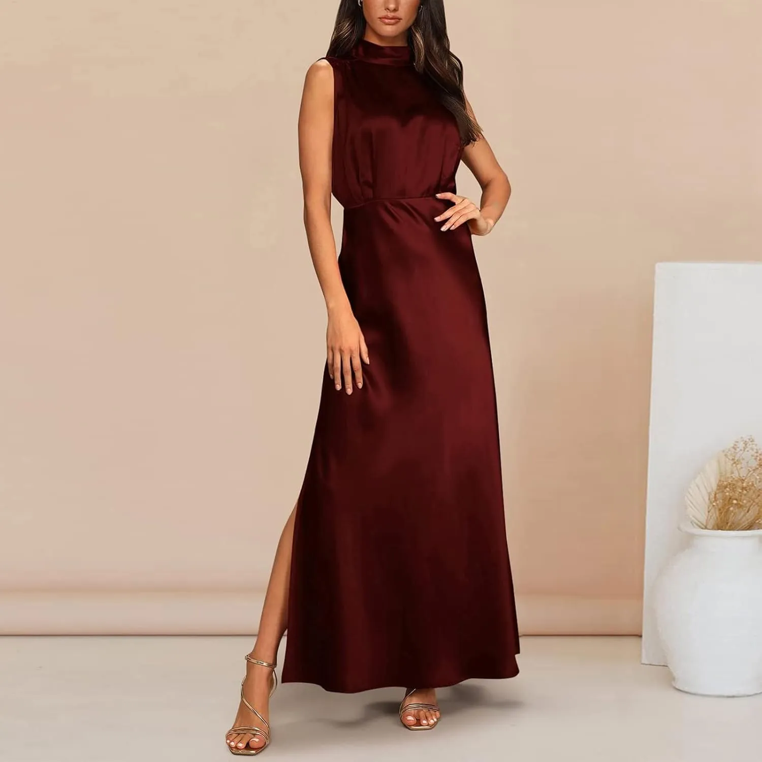 2025 Women Summer Elegant Sleeveless Side Slit Satin Dress Mock Neck Cocktail Party High Waist Maxi Dresses