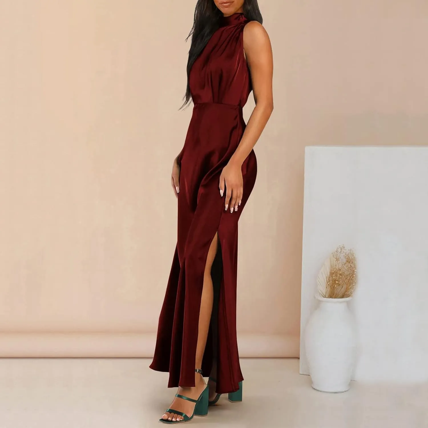 2025 Women Summer Elegant Sleeveless Side Slit Satin Dress Mock Neck Cocktail Party High Waist Maxi Dresses