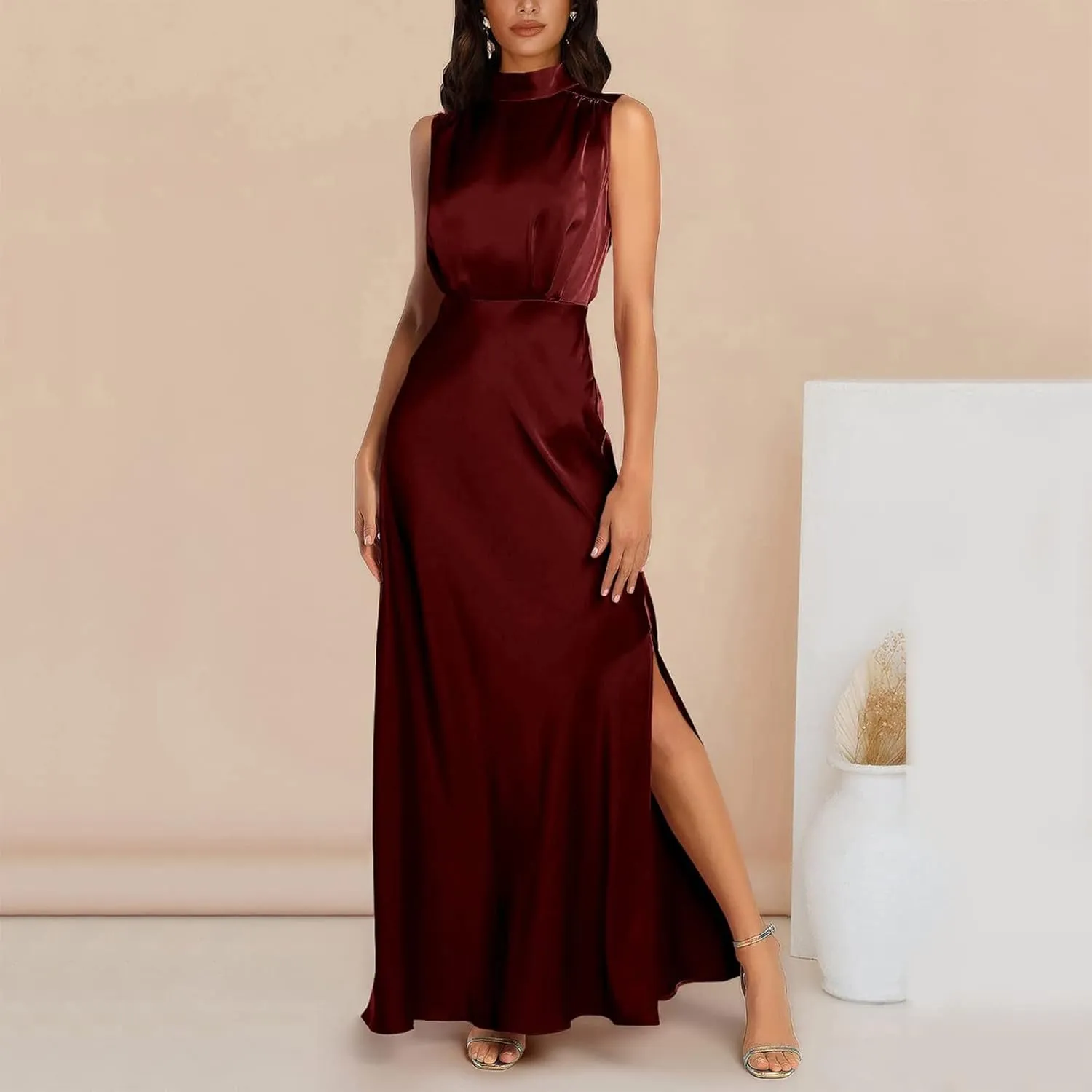 2025 Women Summer Elegant Sleeveless Side Slit Satin Dress Mock Neck Cocktail Party High Waist Maxi Dresses