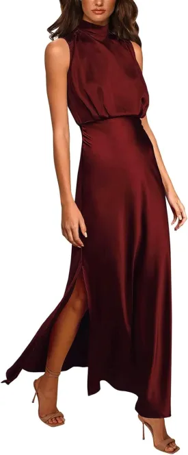 2025 Women Summer Elegant Sleeveless Side Slit Satin Dress Mock Neck Cocktail Party High Waist Maxi Dresses