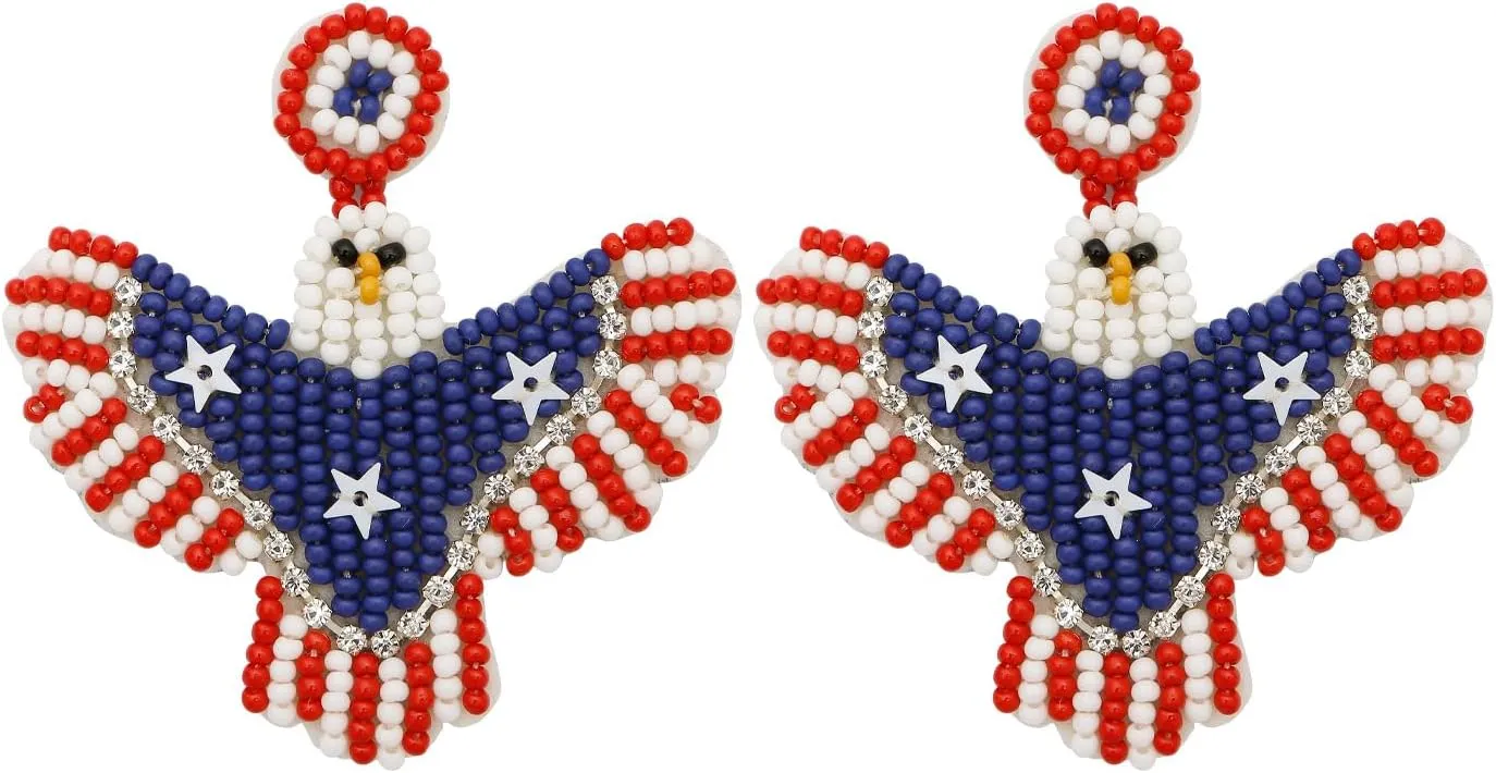 4th of July American Beaded Drop Dangle Earrings USA Flag Top Hat Eagle Beaded Earrings Patriotic Animal Independence Day Costume Jewelries