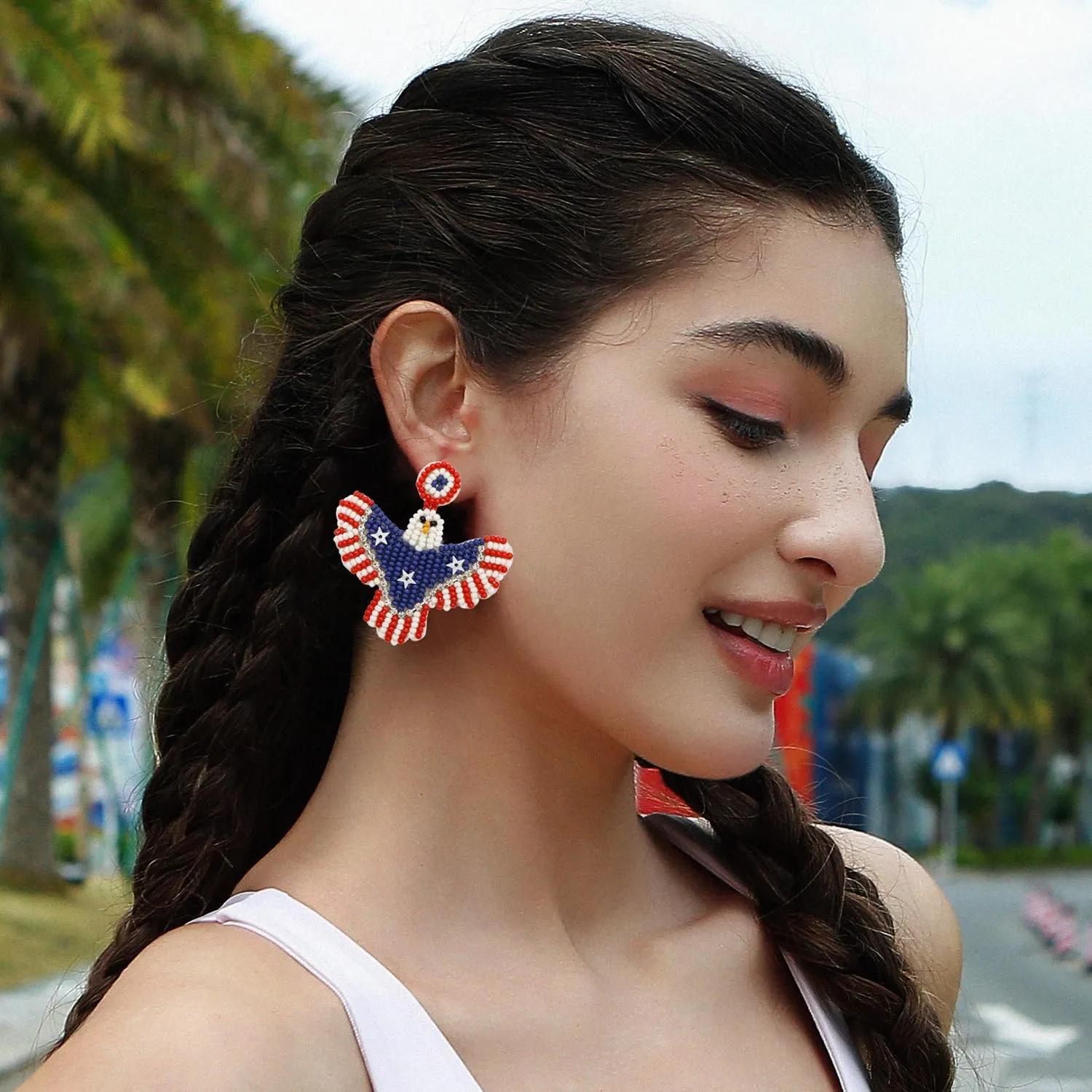 4th of July American Beaded Drop Dangle Earrings USA Flag Top Hat Eagle Beaded Earrings Patriotic Animal Independence Day Costume Jewelries