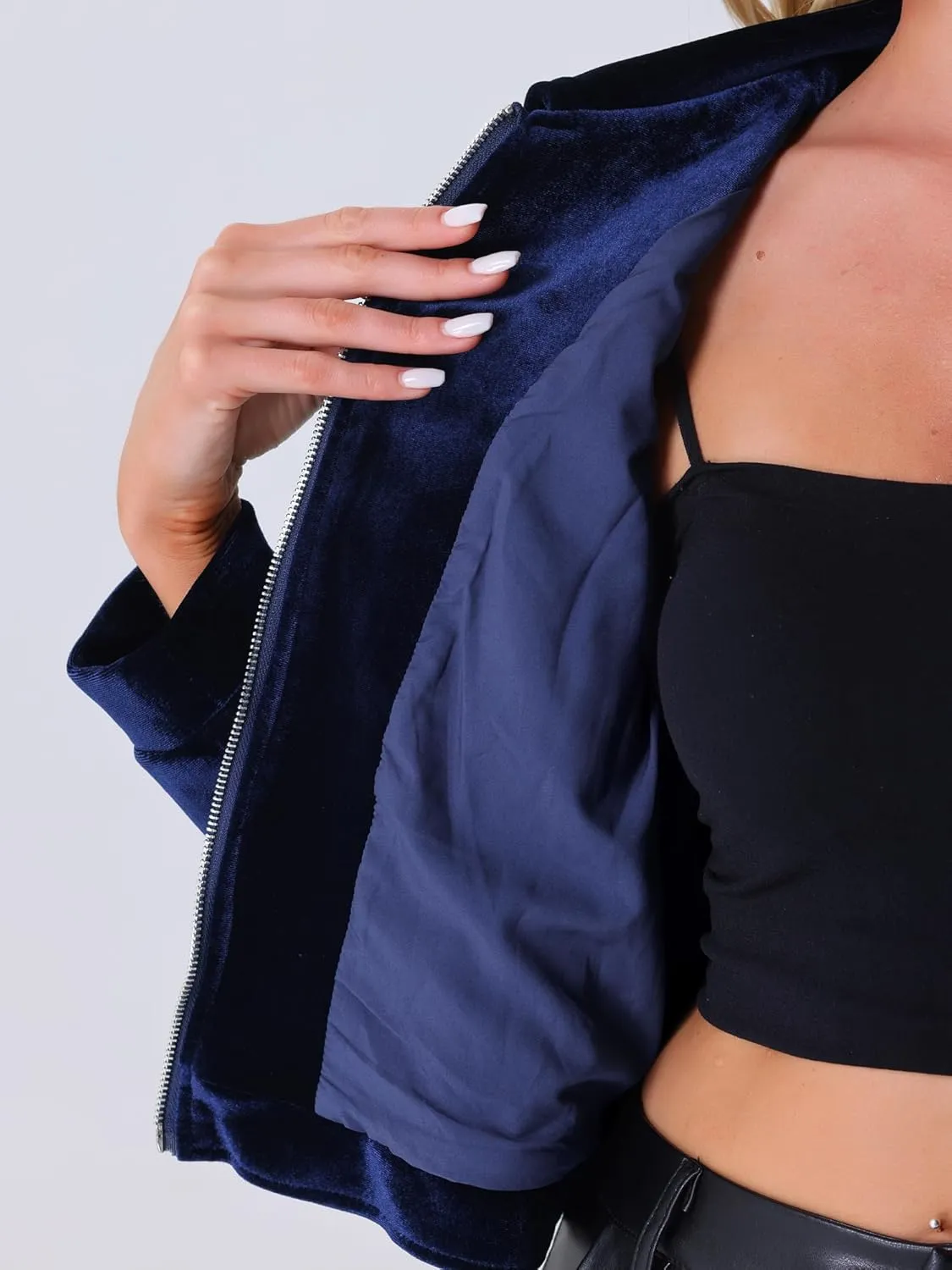 Allegra K Cropped Velvet Jacket for Women's 2024 Fall Winter Long Sleeve Zip Up Casual Jackets