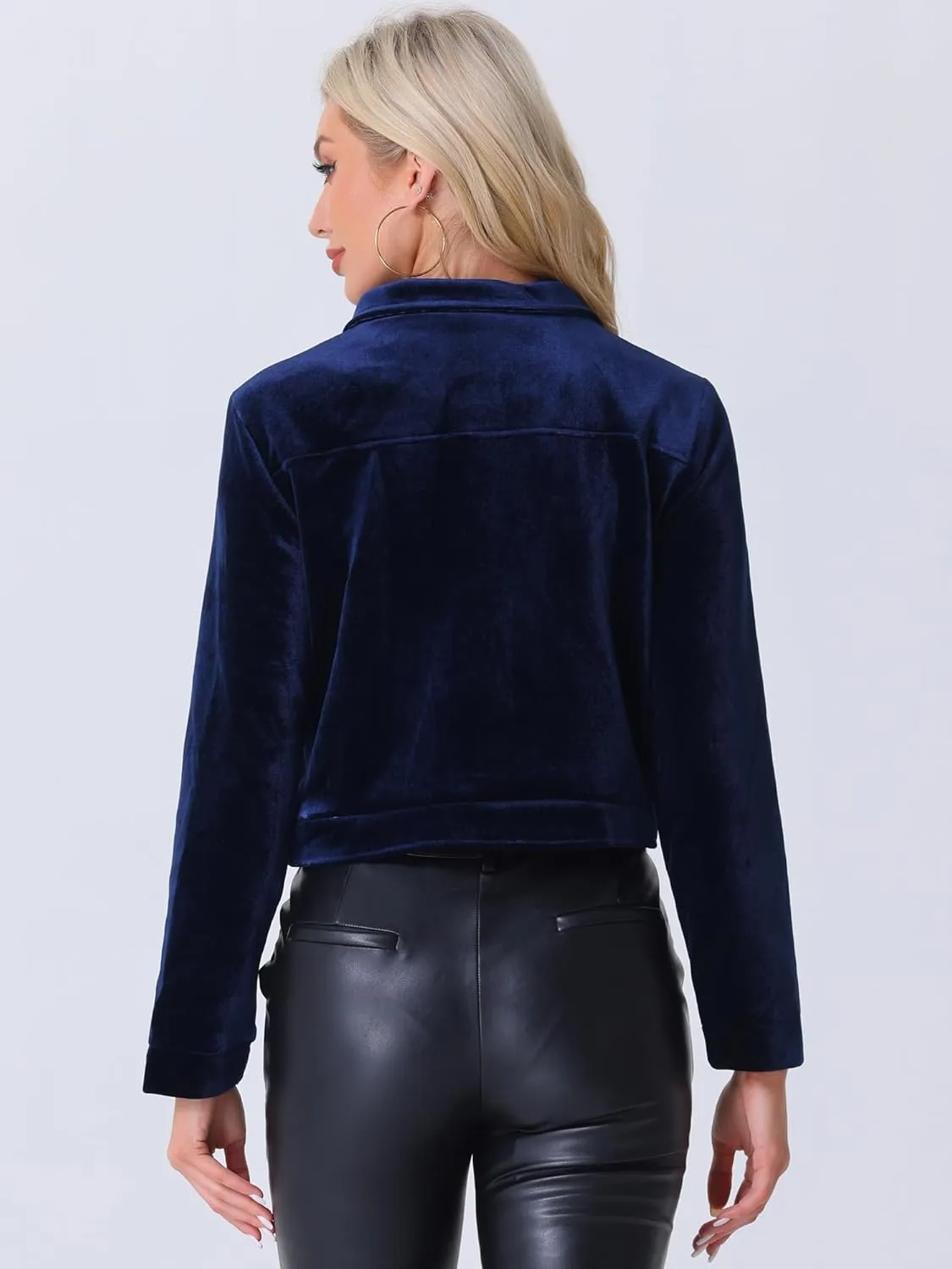 Allegra K Cropped Velvet Jacket for Women's 2024 Fall Winter Long Sleeve Zip Up Casual Jackets