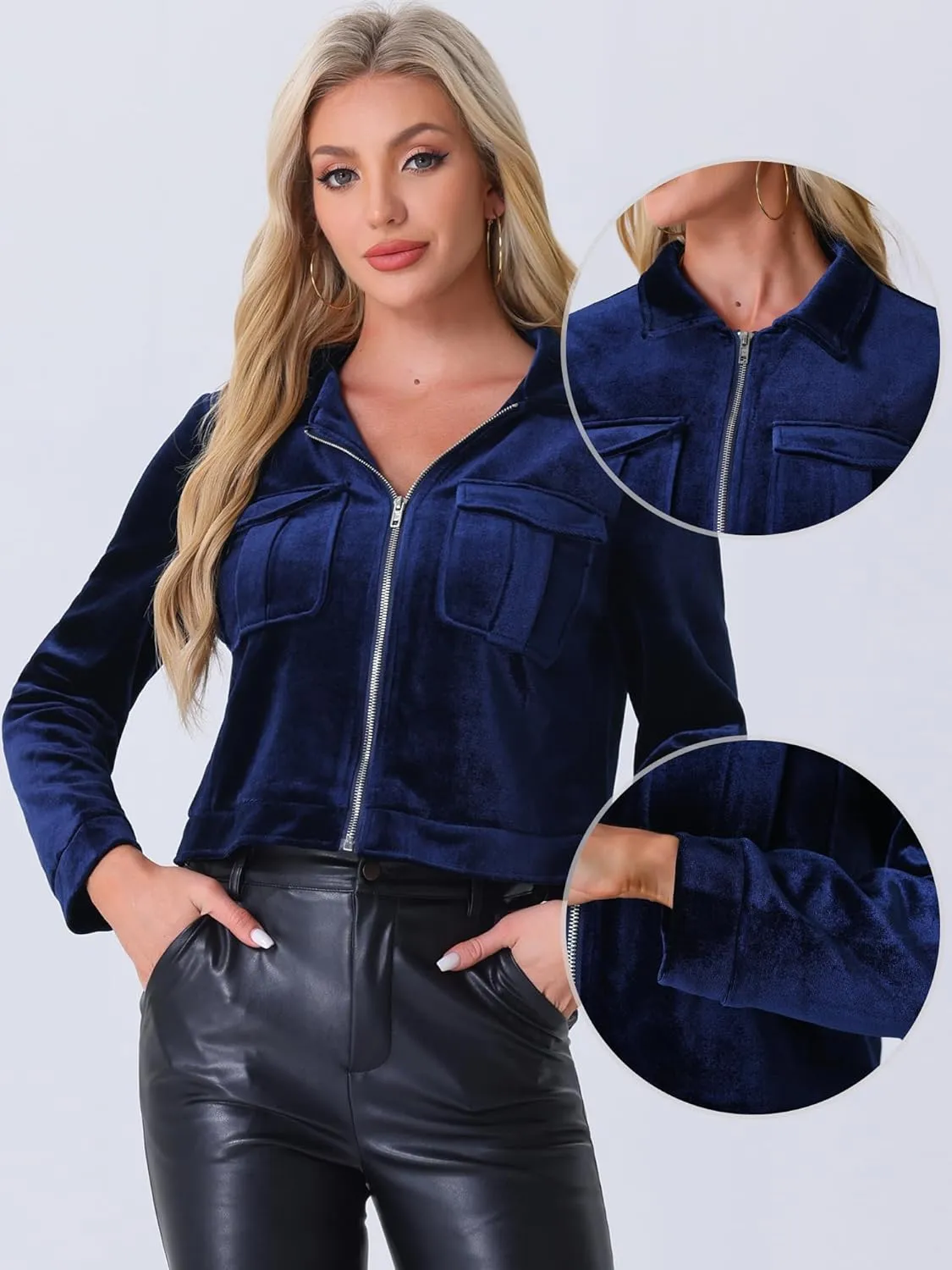 Allegra K Cropped Velvet Jacket for Women's 2024 Fall Winter Long Sleeve Zip Up Casual Jackets