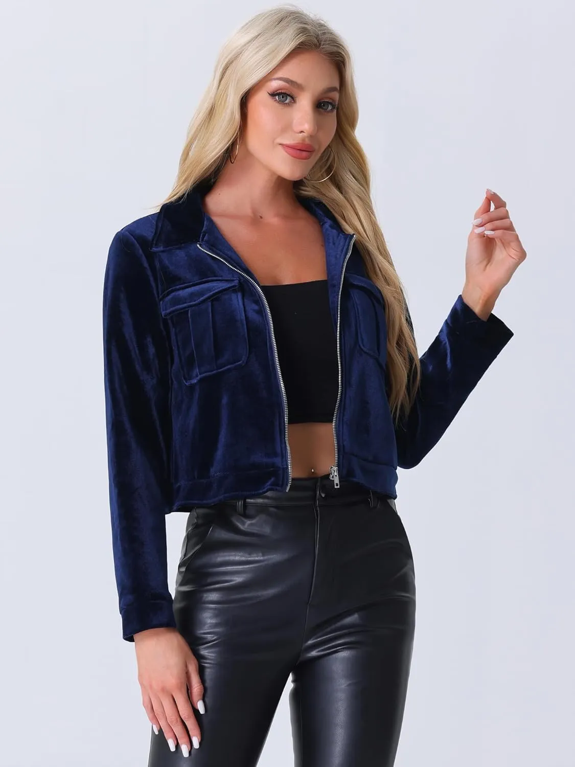 Allegra K Cropped Velvet Jacket for Women's 2024 Fall Winter Long Sleeve Zip Up Casual Jackets