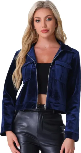 Allegra K Cropped Velvet Jacket for Women's 2024 Fall Winter Long Sleeve Zip Up Casual Jackets