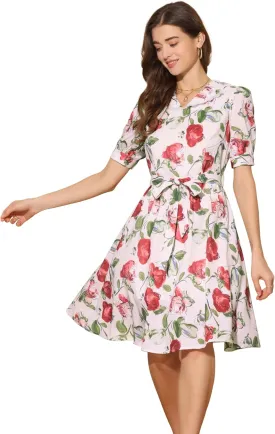 Allegra K Women's Vintage Peter Pan Collar High Waist Flowy Midi Puff Sleeve Floral Dress