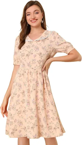 Allegra K Women's Vintage Peter Pan Collar High Waist Flowy Midi Puff Sleeve Floral Dress