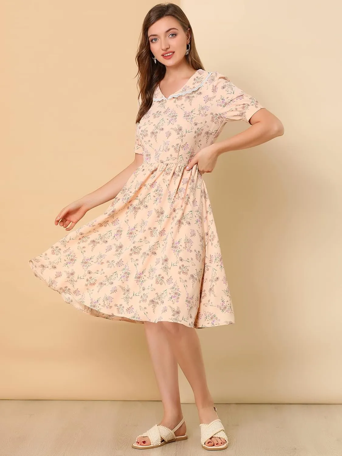 Allegra K Women's Vintage Peter Pan Collar High Waist Flowy Midi Puff Sleeve Floral Dress