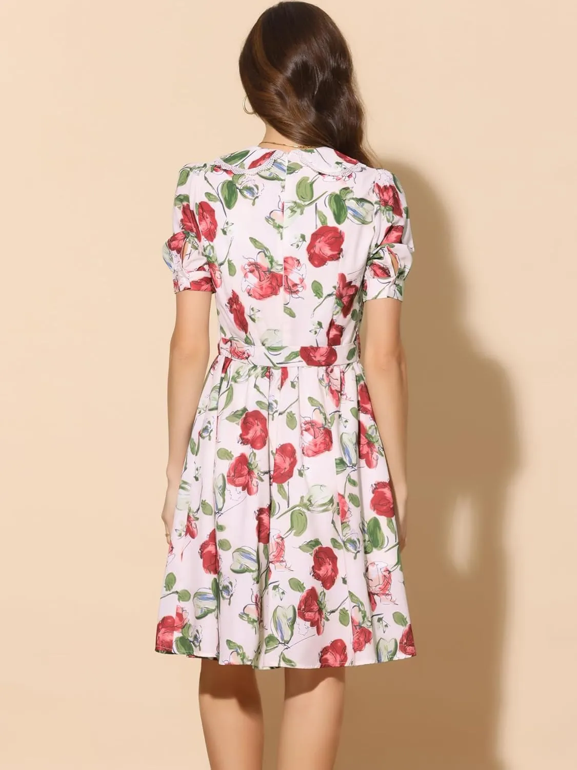 Allegra K Women's Vintage Peter Pan Collar High Waist Flowy Midi Puff Sleeve Floral Dress