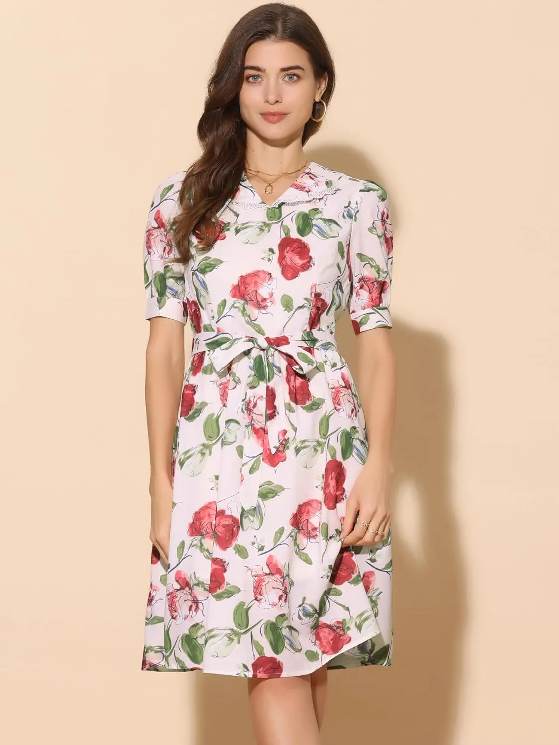 Allegra K Women's Vintage Peter Pan Collar High Waist Flowy Midi Puff Sleeve Floral Dress