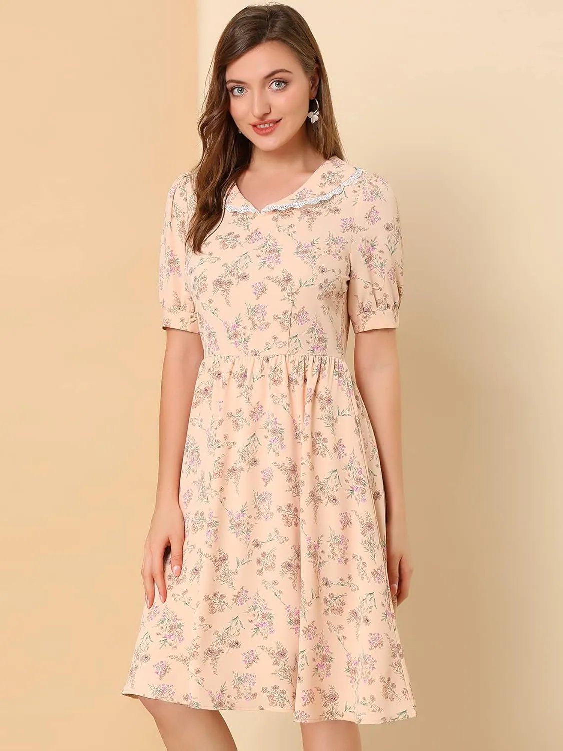 Allegra K Women's Vintage Peter Pan Collar High Waist Flowy Midi Puff Sleeve Floral Dress