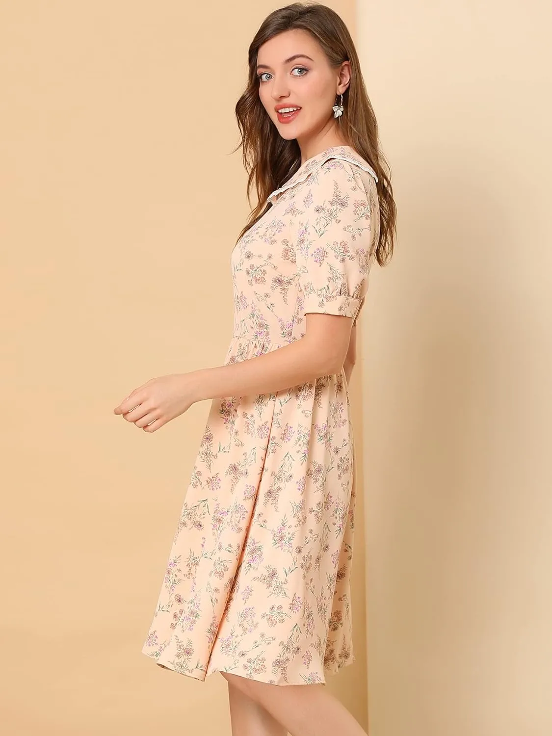 Allegra K Women's Vintage Peter Pan Collar High Waist Flowy Midi Puff Sleeve Floral Dress