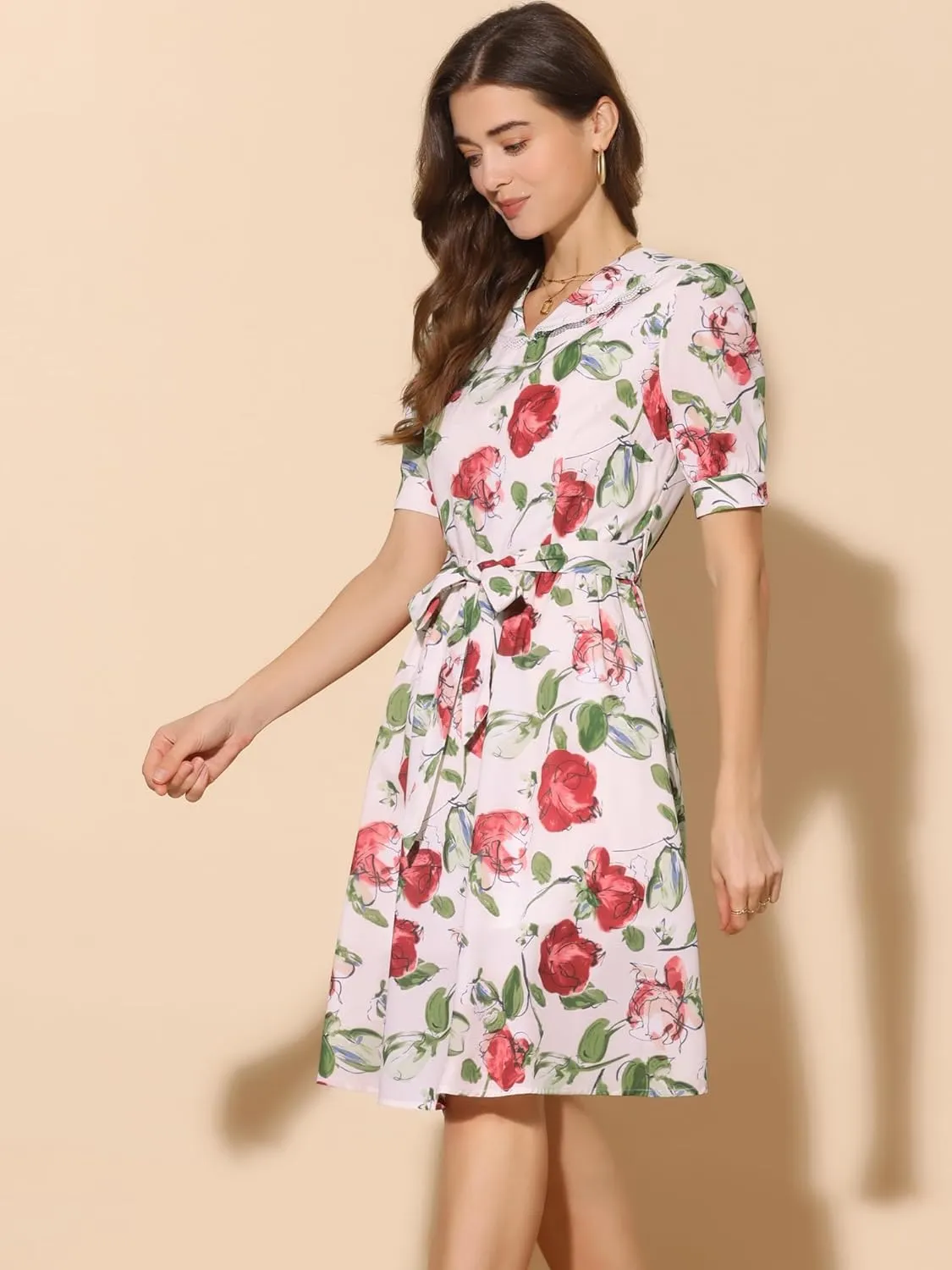 Allegra K Women's Vintage Peter Pan Collar High Waist Flowy Midi Puff Sleeve Floral Dress