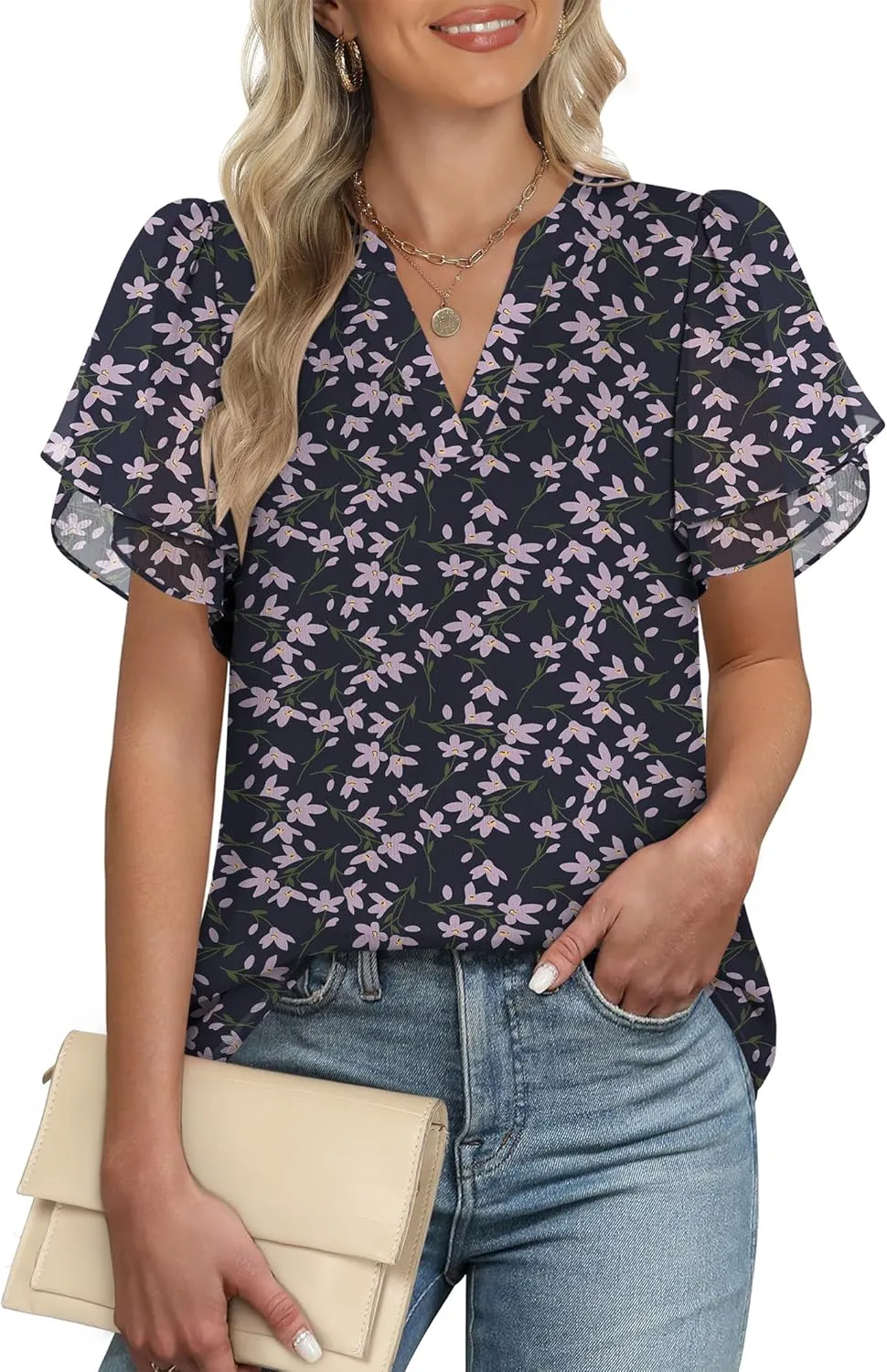 ANRABESS Womens Dressy Casual Blouses Chiffon V Neck Petal Short Sleeve Shirts 2025 Summer Business Work Tops