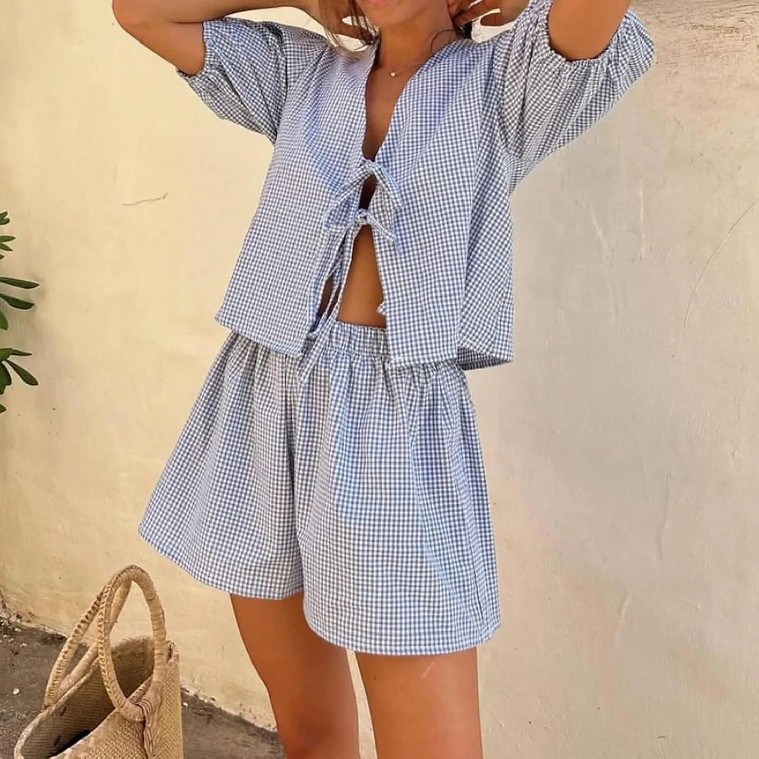 Argeousgor Women Y2k 2 Piece Pajamas Set Puff Sleeve Peplum Tie Front Top and Shorts Plaid Two Piece Lounge Set