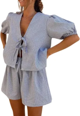 Argeousgor Women Y2k 2 Piece Pajamas Set Puff Sleeve Peplum Tie Front Top and Shorts Plaid Two Piece Lounge Set