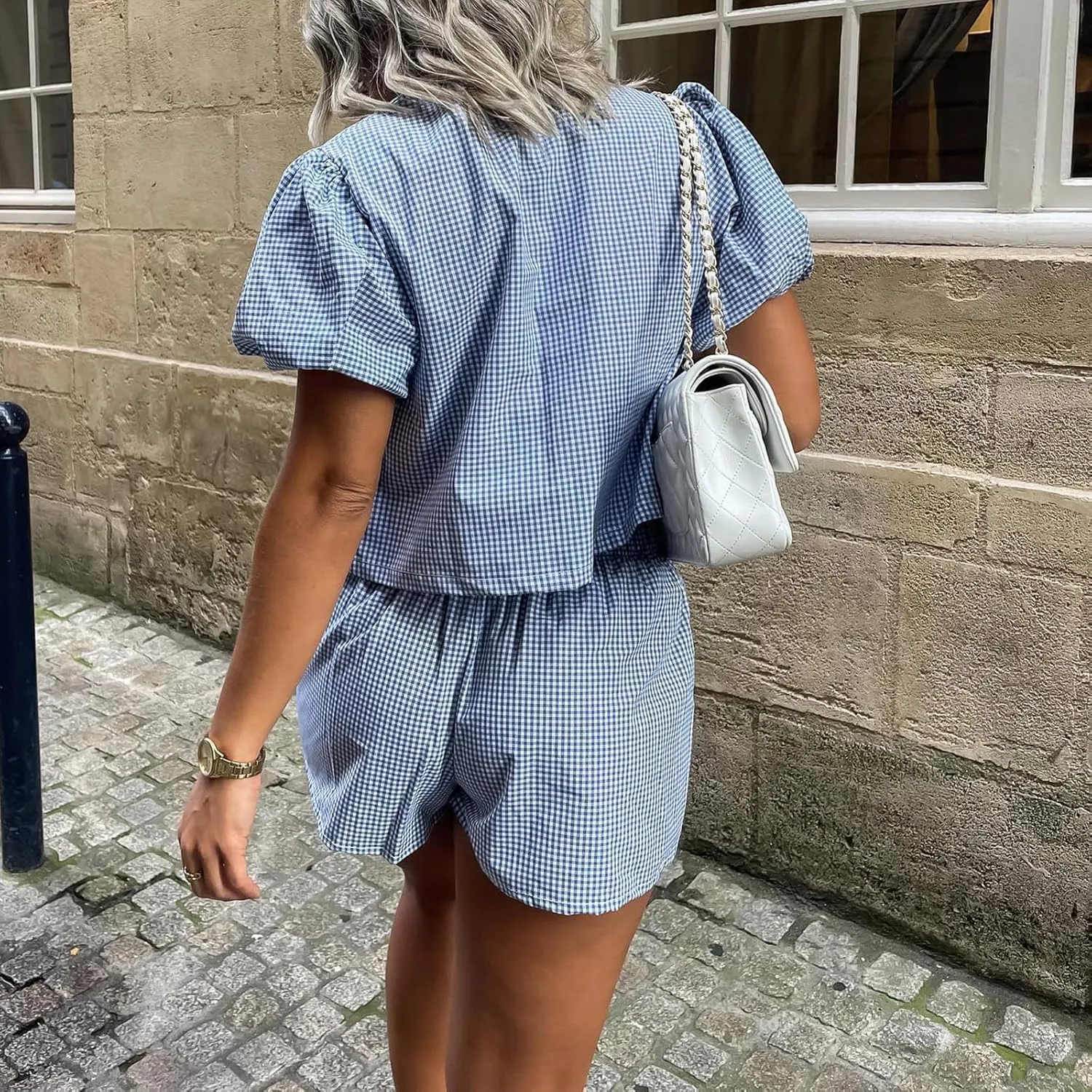 Argeousgor Women Y2k 2 Piece Pajamas Set Puff Sleeve Peplum Tie Front Top and Shorts Plaid Two Piece Lounge Set