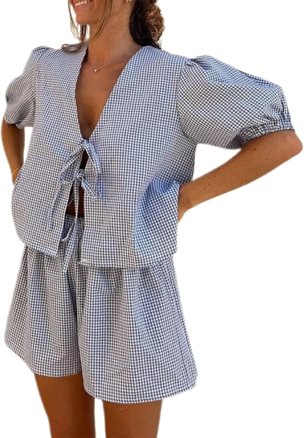 Argeousgor Women Y2k 2 Piece Pajamas Set Puff Sleeve Peplum Tie Front Top and Shorts Plaid Two Piece Lounge Set