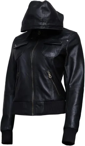 Artistry Womens Genuine Lambskin Leather Motorcycle Jacket with Removable Leather Hood Black - Hooded leather bomber jacket