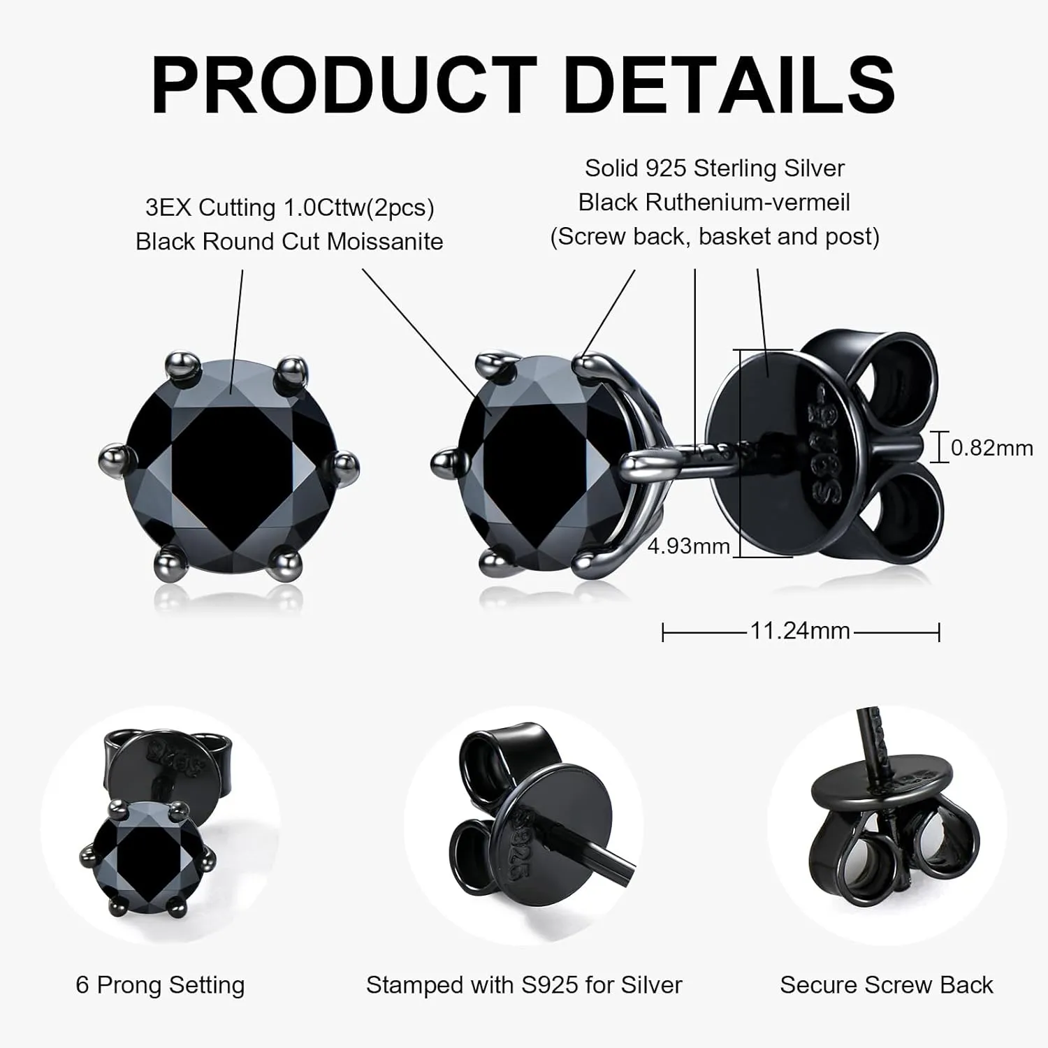 Black Moissanite Stud Earrings 1.0ct-2.0CT D Color, GRA 925 Sterling Silver Earrings for Men Vermeil 18K Black Gold Plated Flat Back Simulated Diamond Studs Earrings Jewelry Gifts for Men Women
