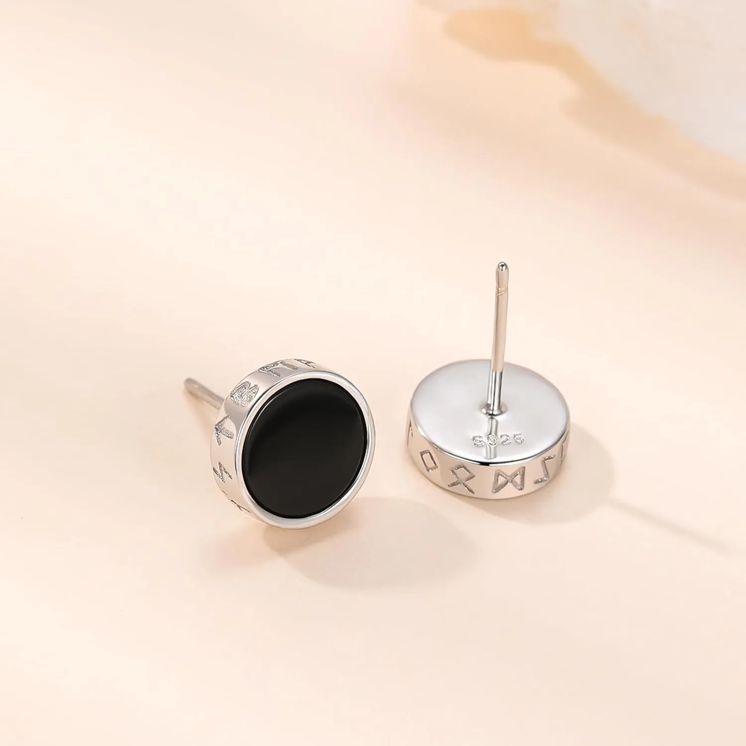 Black Onyx Stud Earrings for Men Women, 925 Sterling Silver Viking Earrings