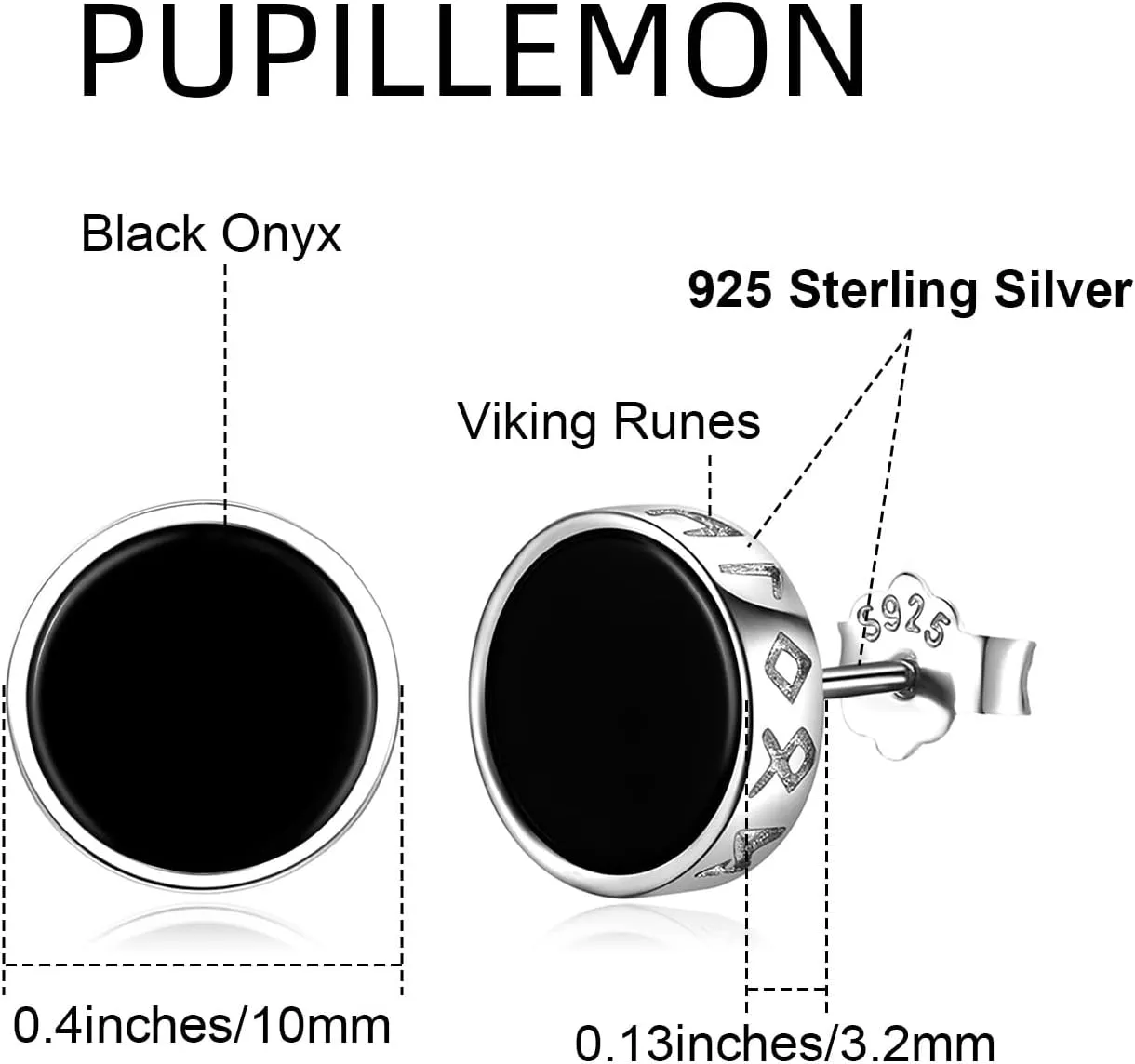 Black Onyx Stud Earrings for Men Women, 925 Sterling Silver Viking Earrings