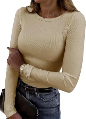 Bluetime Womens Crewneck Long Sleeve T-Shirts Ribbed Knit Casual Tops Tee Slim Fitted Basic Shirts
