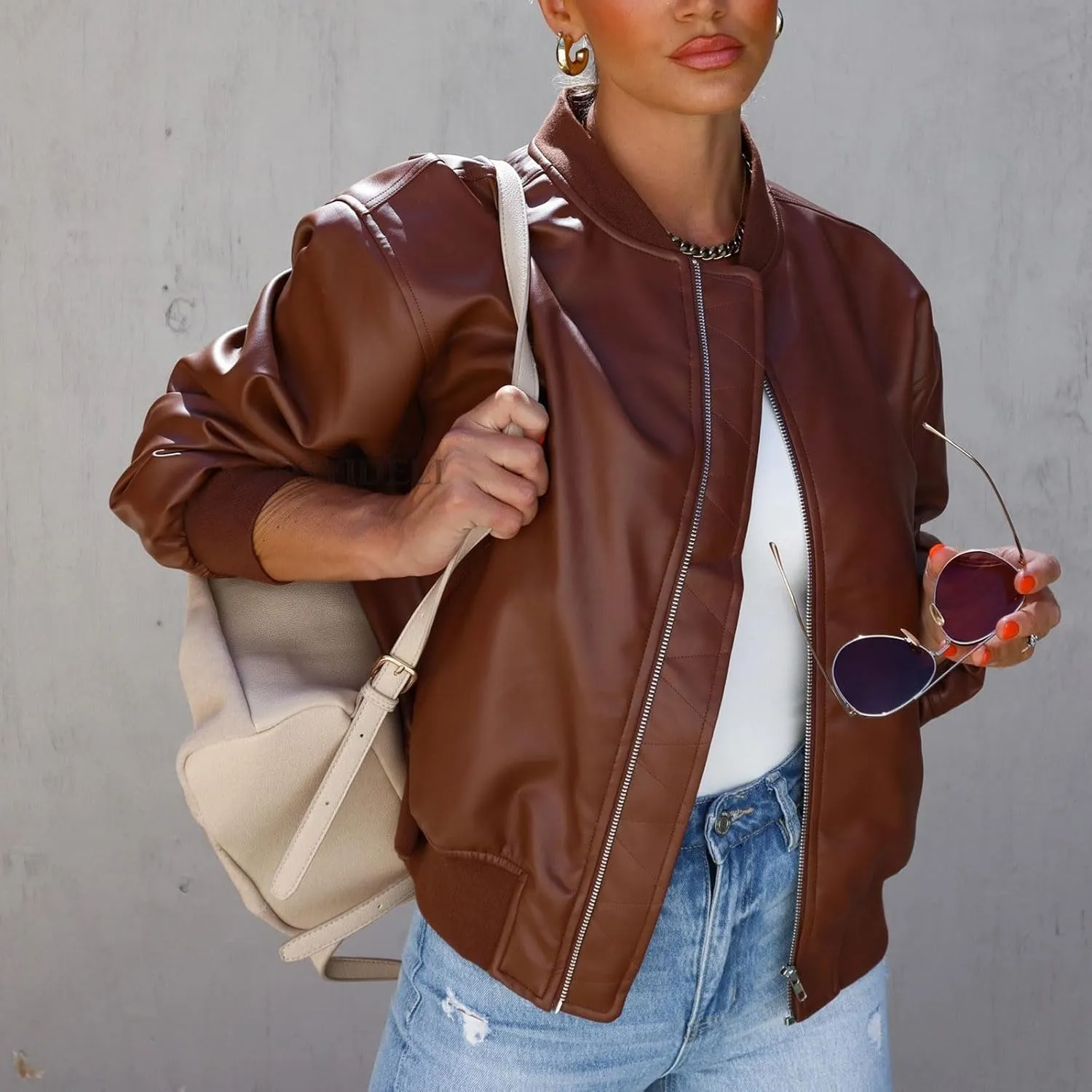 chouyatou Women's Fall Oversized Faux Leather Bomber Jacket Zip Boyfriend Motocycle Leather Jacket