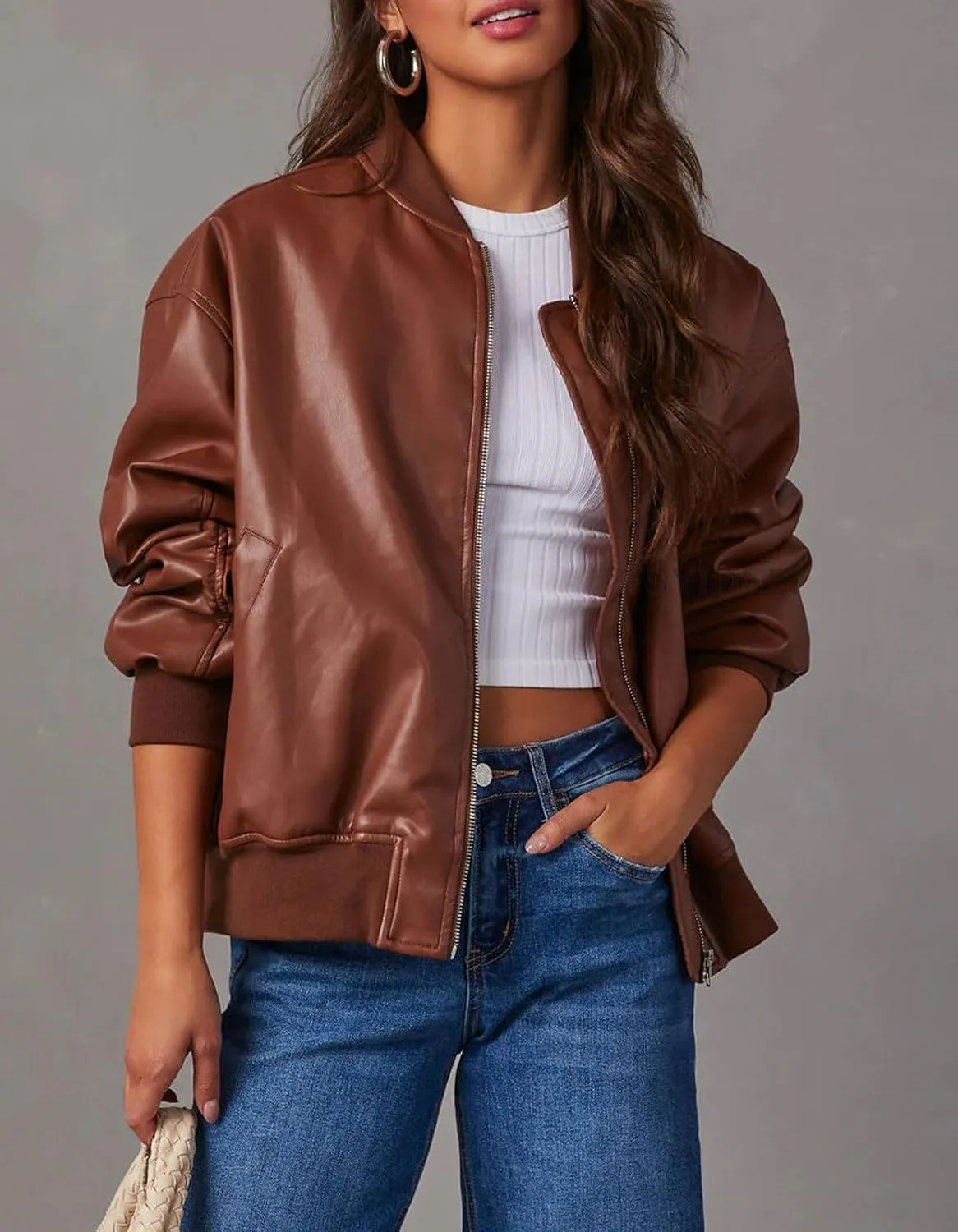 chouyatou Women's Fall Oversized Faux Leather Bomber Jacket Zip Boyfriend Motocycle Leather Jacket