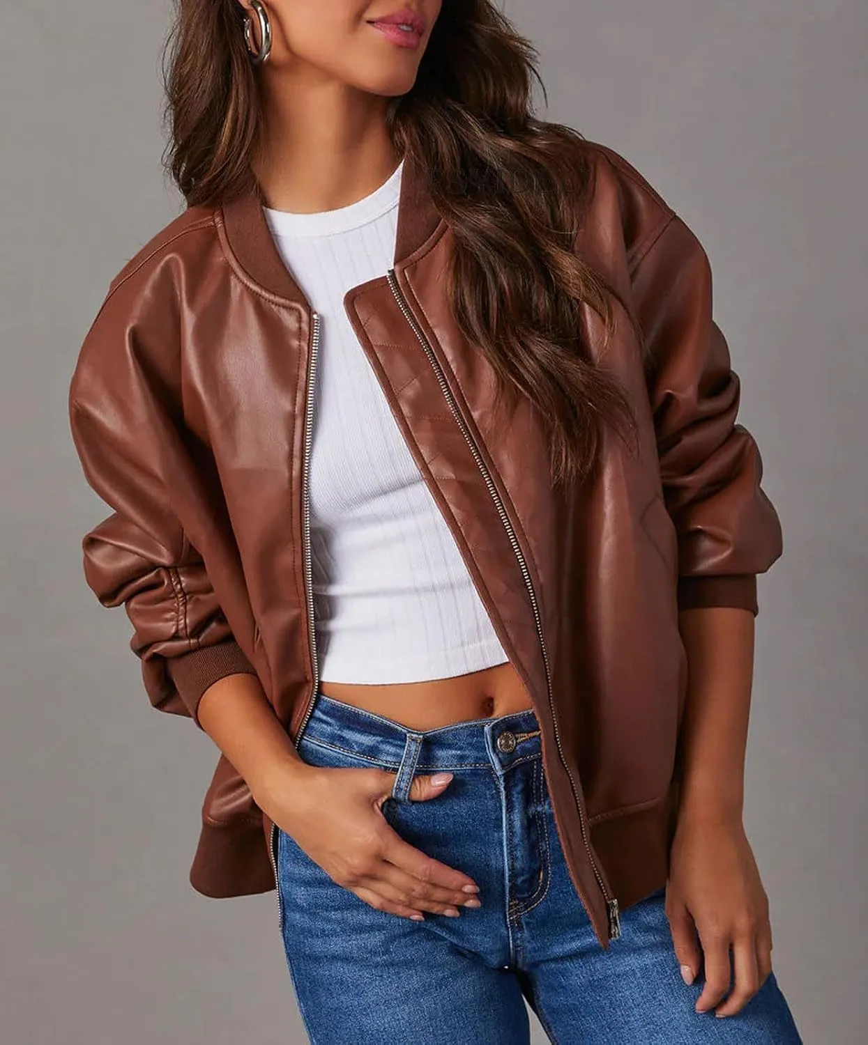 chouyatou Women's Fall Oversized Faux Leather Bomber Jacket Zip Boyfriend Motocycle Leather Jacket