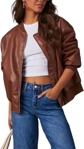 chouyatou Women's Fall Oversized Faux Leather Bomber Jacket Zip Boyfriend Motocycle Leather Jacket