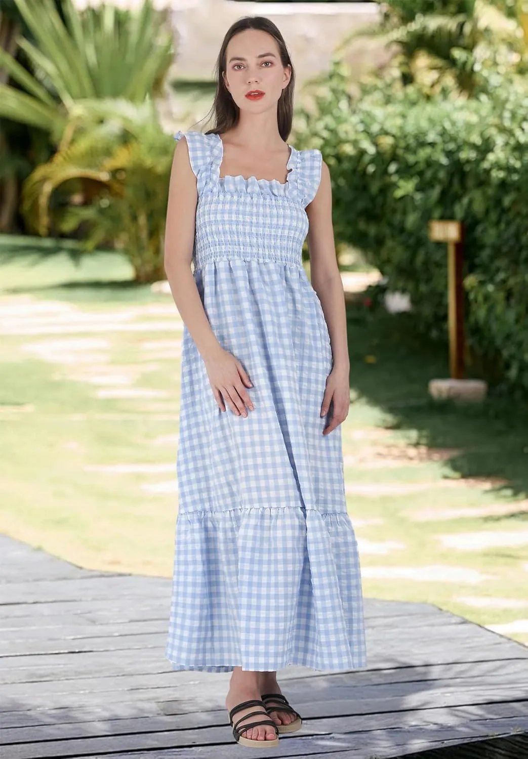 chouyatou Women's Retro Plaid Smocked Dress Spaghetti Strap Flounce Long Dress