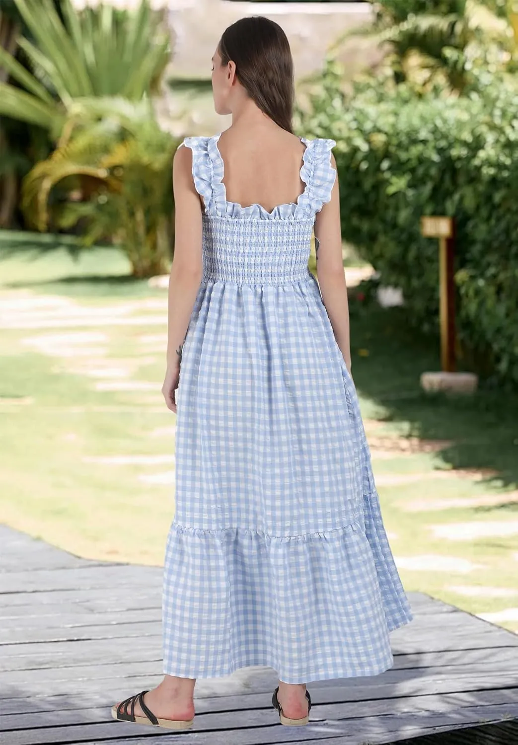 chouyatou Women's Retro Plaid Smocked Dress Spaghetti Strap Flounce Long Dress