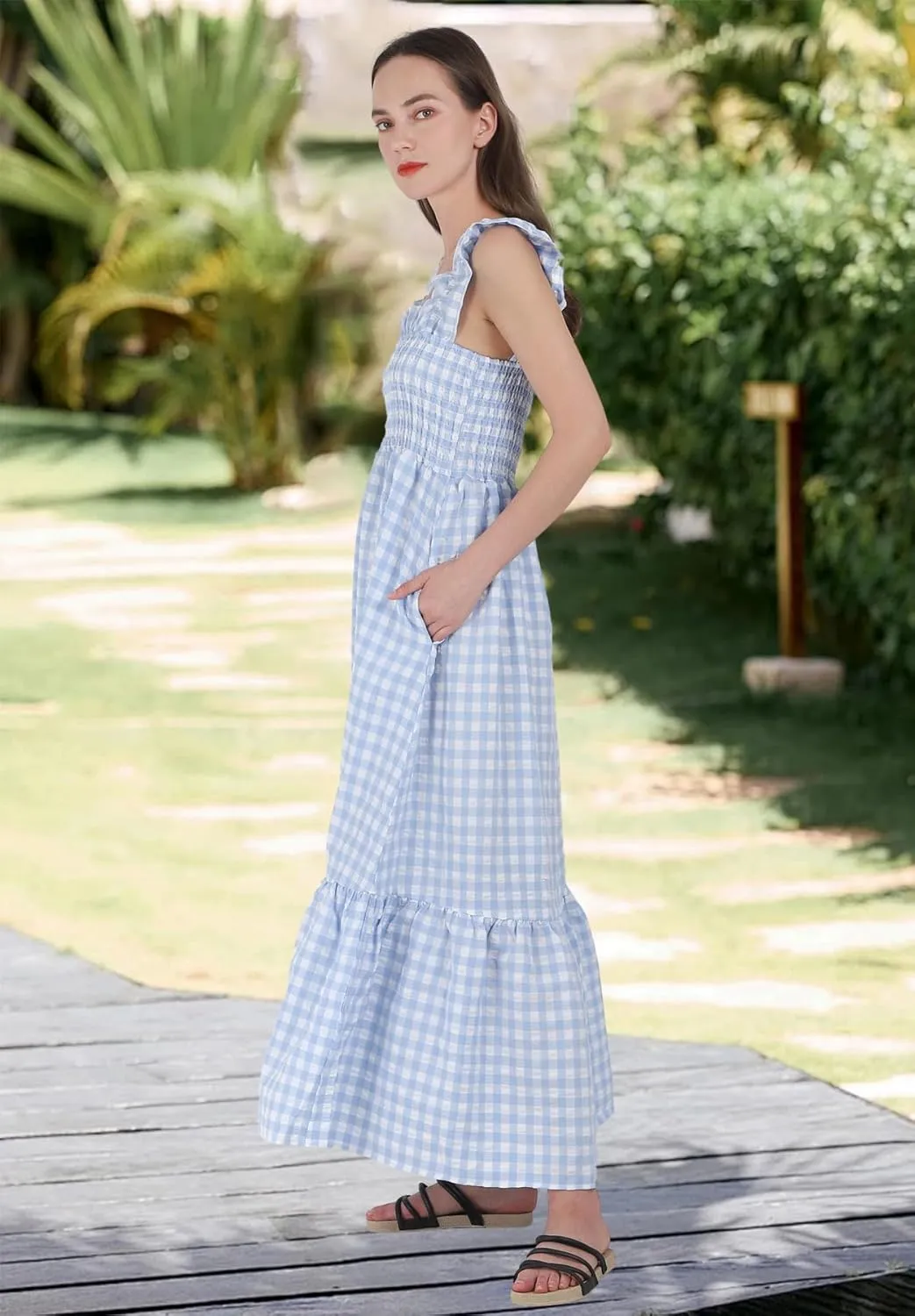 chouyatou Women's Retro Plaid Smocked Dress Spaghetti Strap Flounce Long Dress
