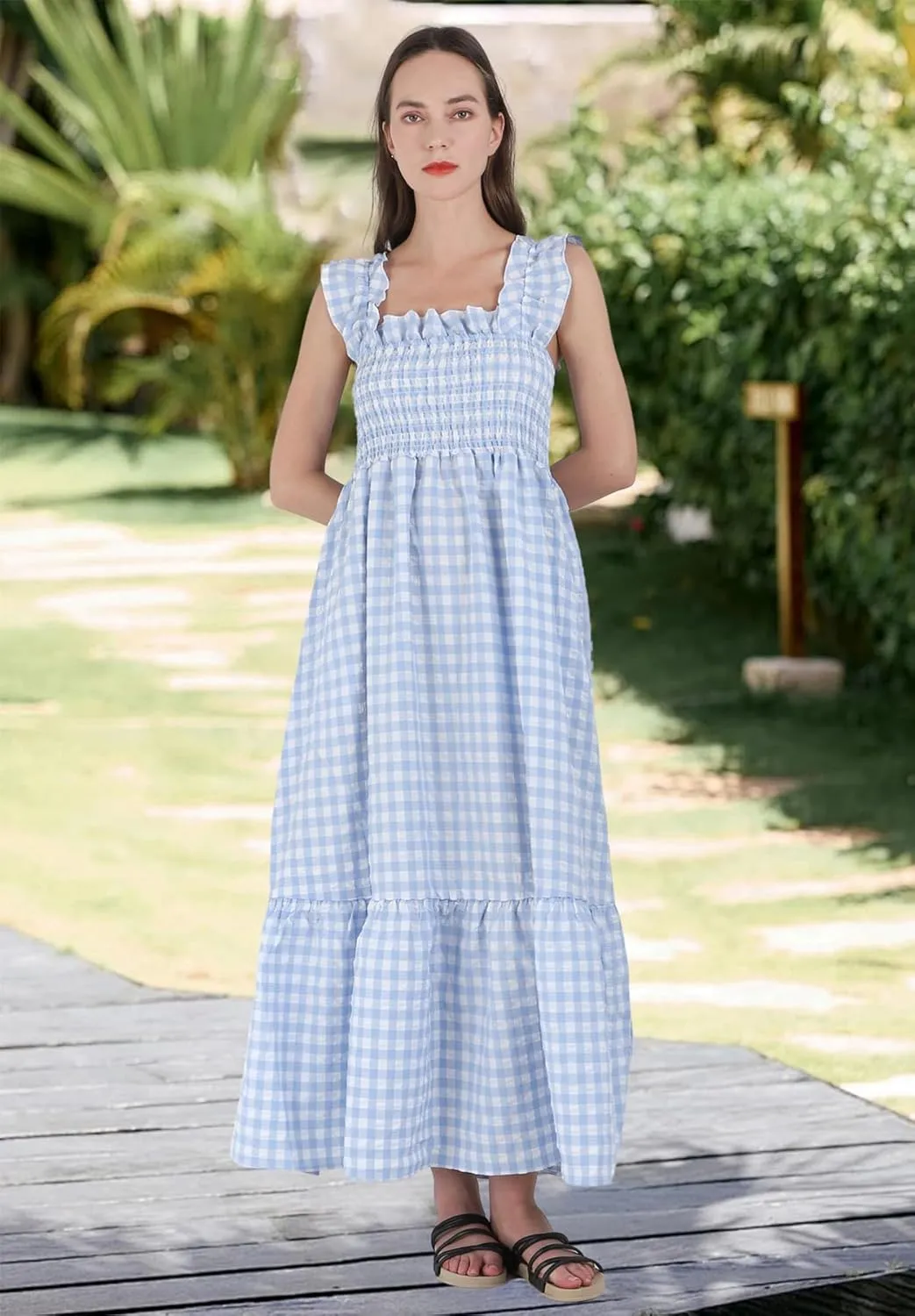 chouyatou Women's Retro Plaid Smocked Dress Spaghetti Strap Flounce Long Dress