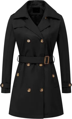 Chrisuno Women's Double Breasted Trench Coats Mid-Length Belted Overcoat Long Dress Jacket with Detachable Hood