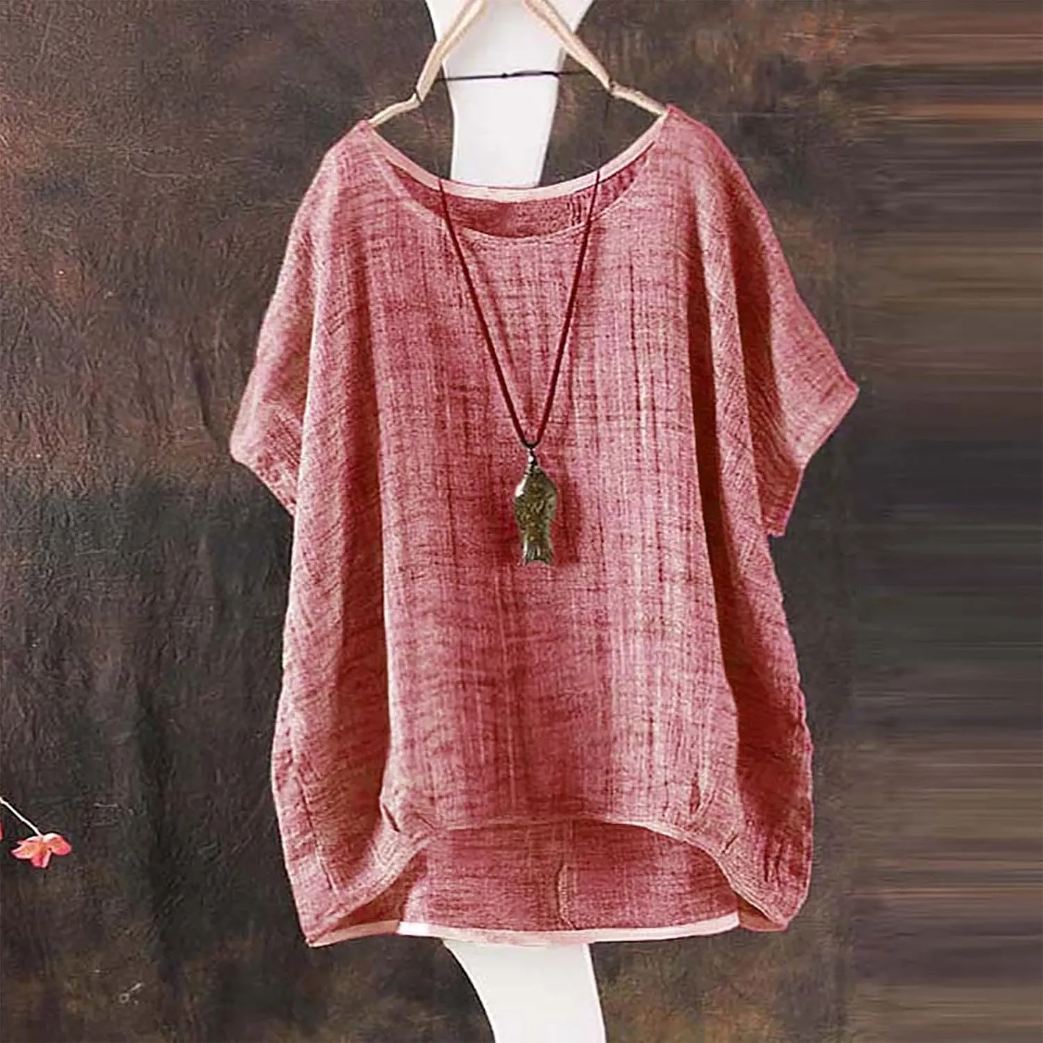 Cotton Linen Shirts for Women Three Quarter Sleeve Cotton and Linen Top with Stand Collar Dressy Casual Vacation Top