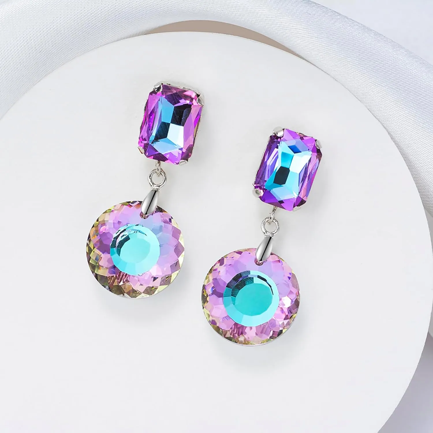 Crystal Drop Dangle Earrings for Women Square Circle Geometric Blue Purple Rhinestone Drop Earrings for Mom Wife Prom