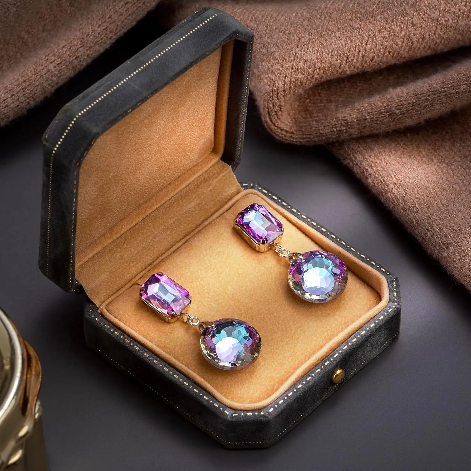 Crystal Drop Dangle Earrings for Women Square Circle Geometric Blue Purple Rhinestone Drop Earrings for Mom Wife Prom