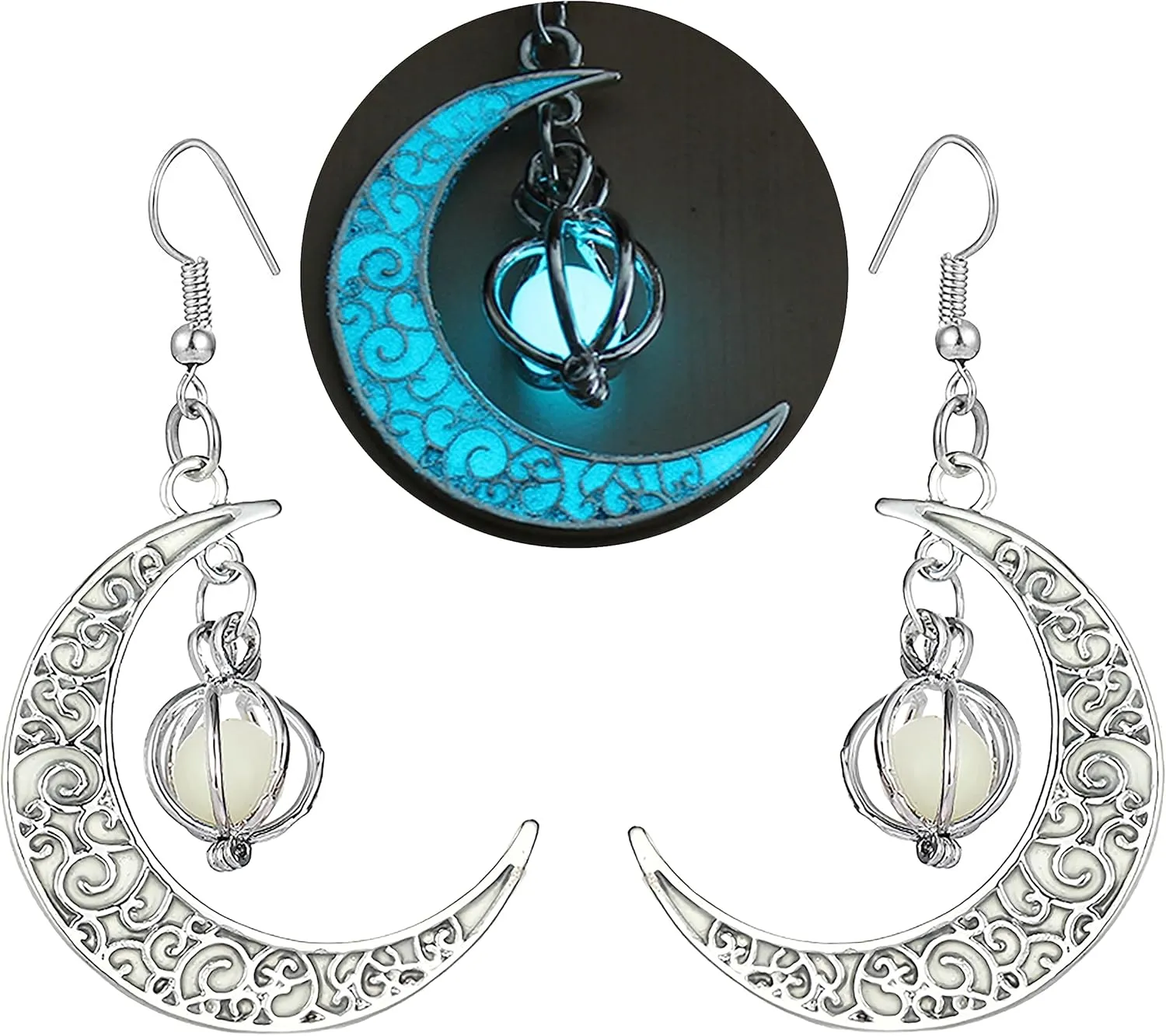 EEQQBZ Glow in The Dark Silver Crescent Moon Earrings - Glowing Blue Moon Charm - Magical Fantasy Fairy Glowing Earrings - Glow Jewelry