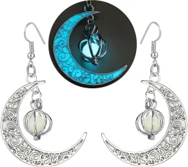 EEQQBZ Glow in The Dark Silver Crescent Moon Earrings - Glowing Blue Moon Charm - Magical Fantasy Fairy Glowing Earrings - Glow Jewelry