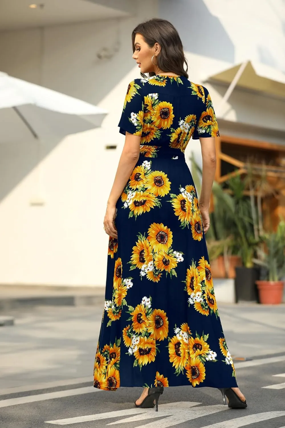 Floral Maxi Dress Women Button Up Split Print Flowy Party Dress