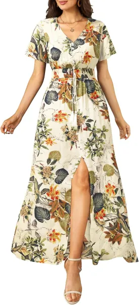 Floral Maxi Dress Women Button Up Split Print Flowy Party Dress