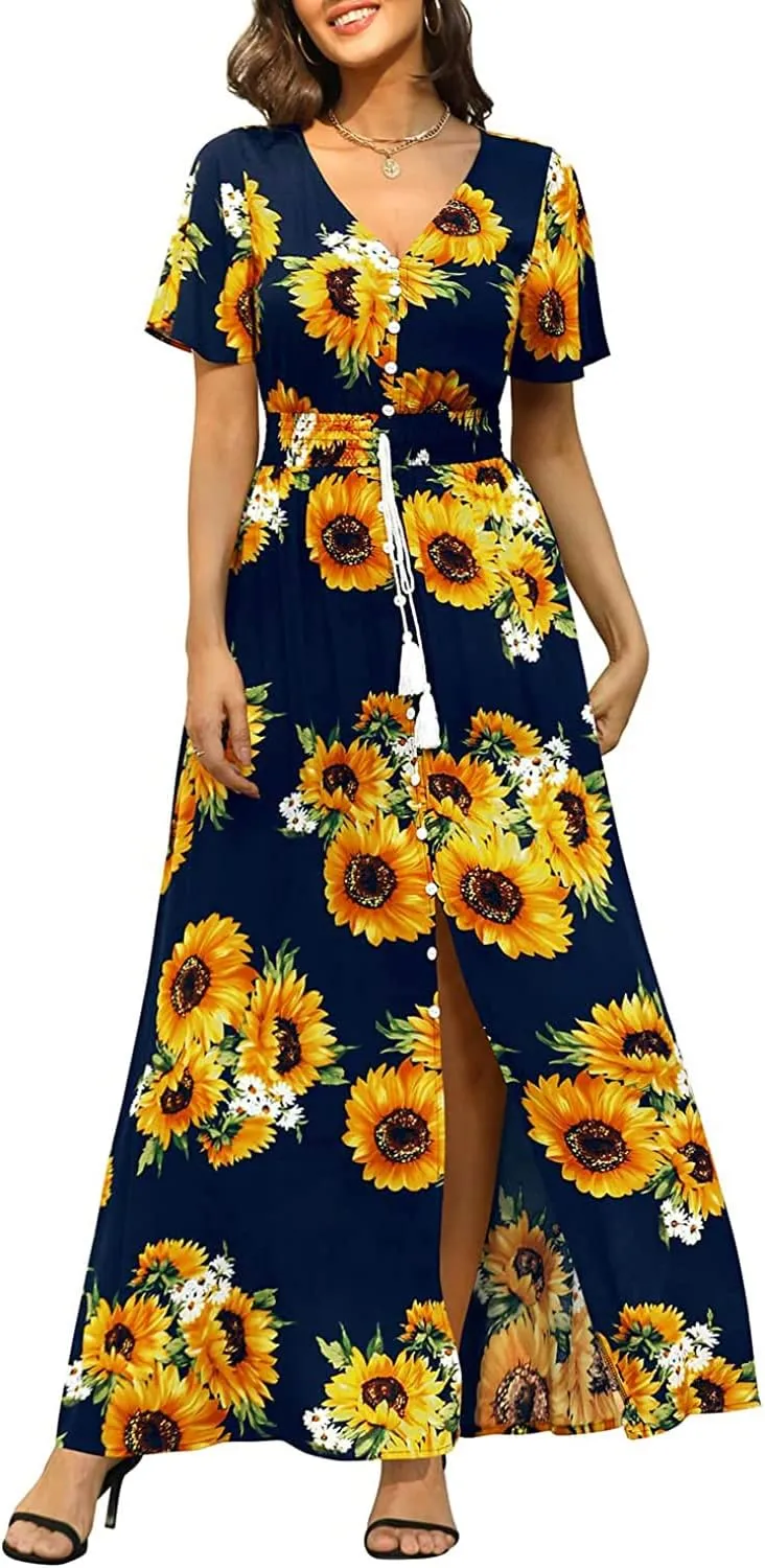 Floral Maxi Dress Women Button Up Split Print Flowy Party Dress