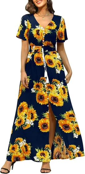 Floral Maxi Dress Women Button Up Split Print Flowy Party Dress