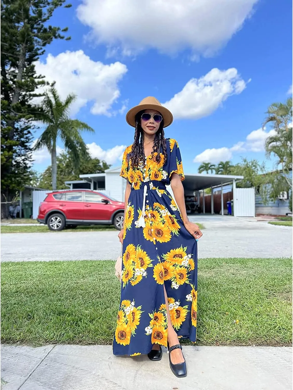 Floral Maxi Dress Women Button Up Split Print Flowy Party Dress