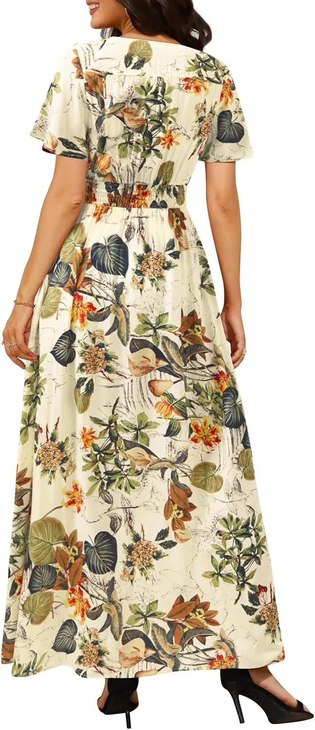 Floral Maxi Dress Women Button Up Split Print Flowy Party Dress